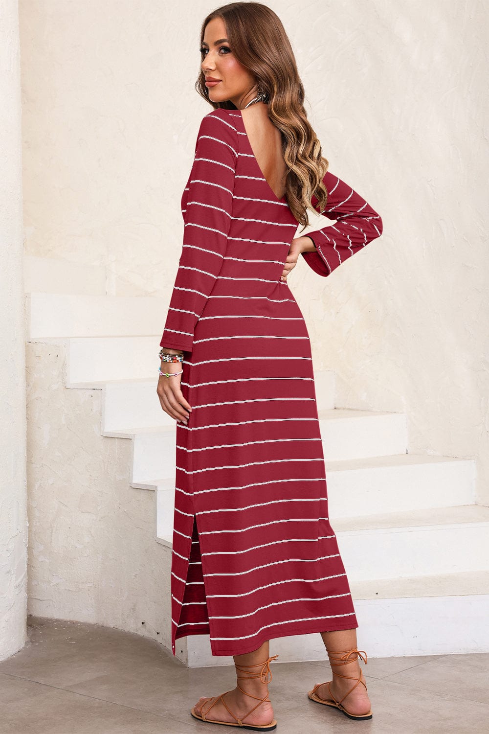 Trendsi Fall Slit Striped Round Neck Midi Dress Slit Striped Round Neck Midi Dress