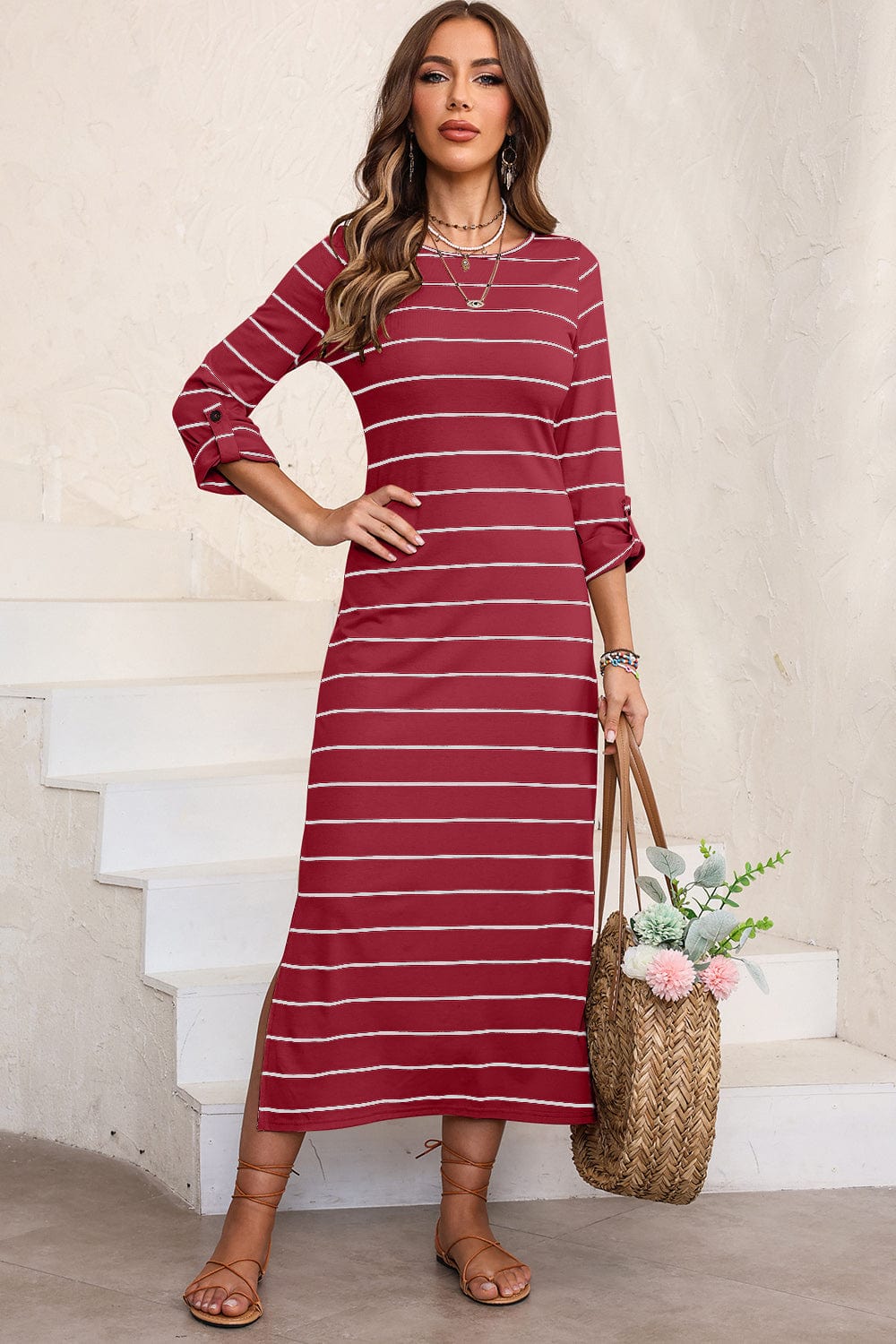 Trendsi Fall Slit Striped Round Neck Midi Dress Slit Striped Round Neck Midi Dress