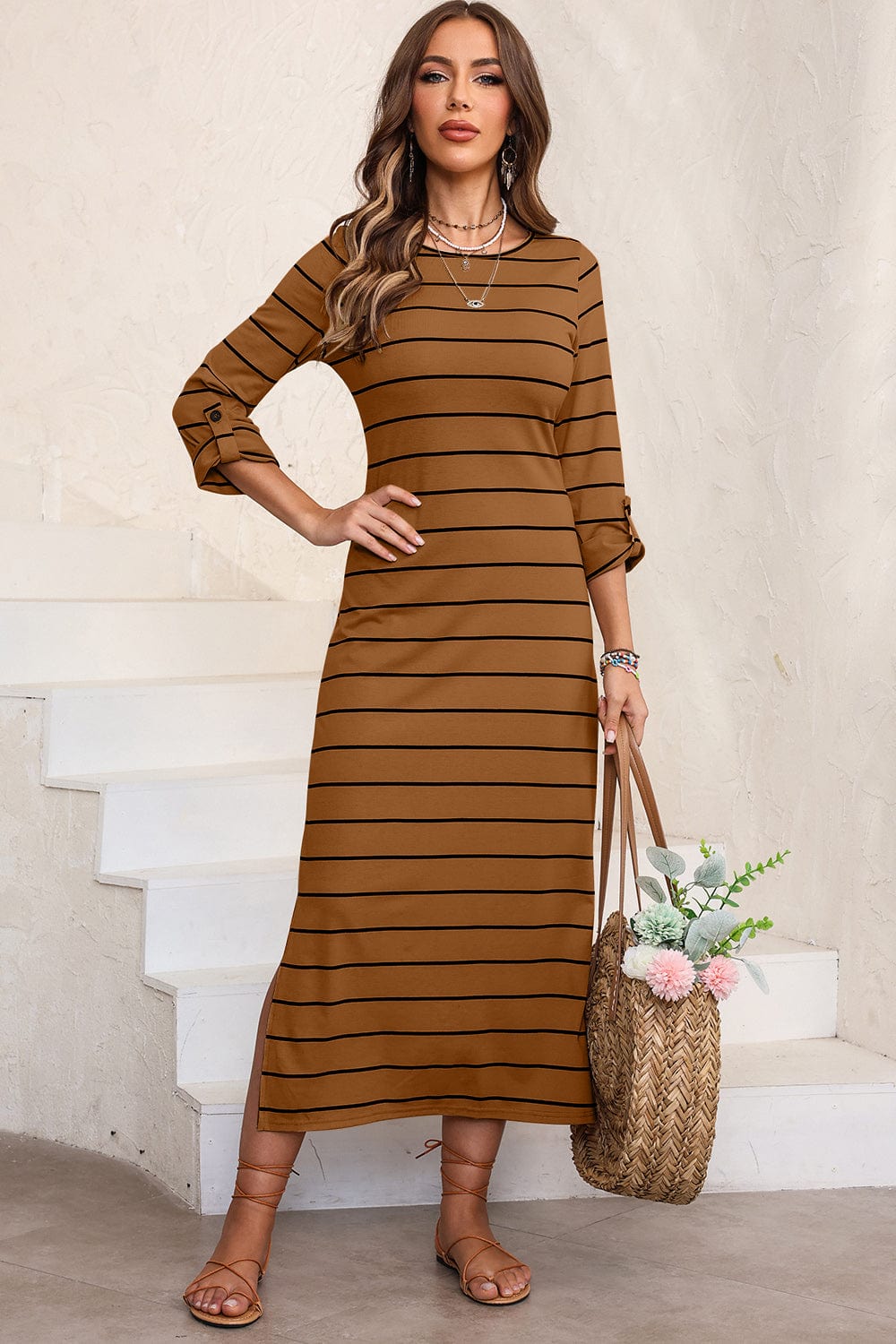 Trendsi Fall Slit Striped Round Neck Midi Dress Slit Striped Round Neck Midi Dress