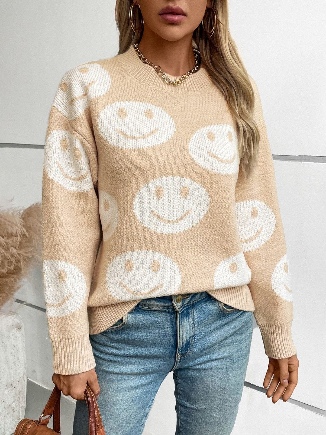 Trendsi Fall Smile Pattern Round Neck Long Sleeve Sweater Smile Pattern Round Neck Long Sleeve Sweater