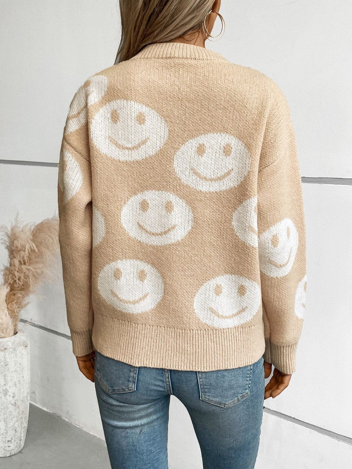 Trendsi Fall Smile Pattern Round Neck Long Sleeve Sweater Smile Pattern Round Neck Long Sleeve Sweater