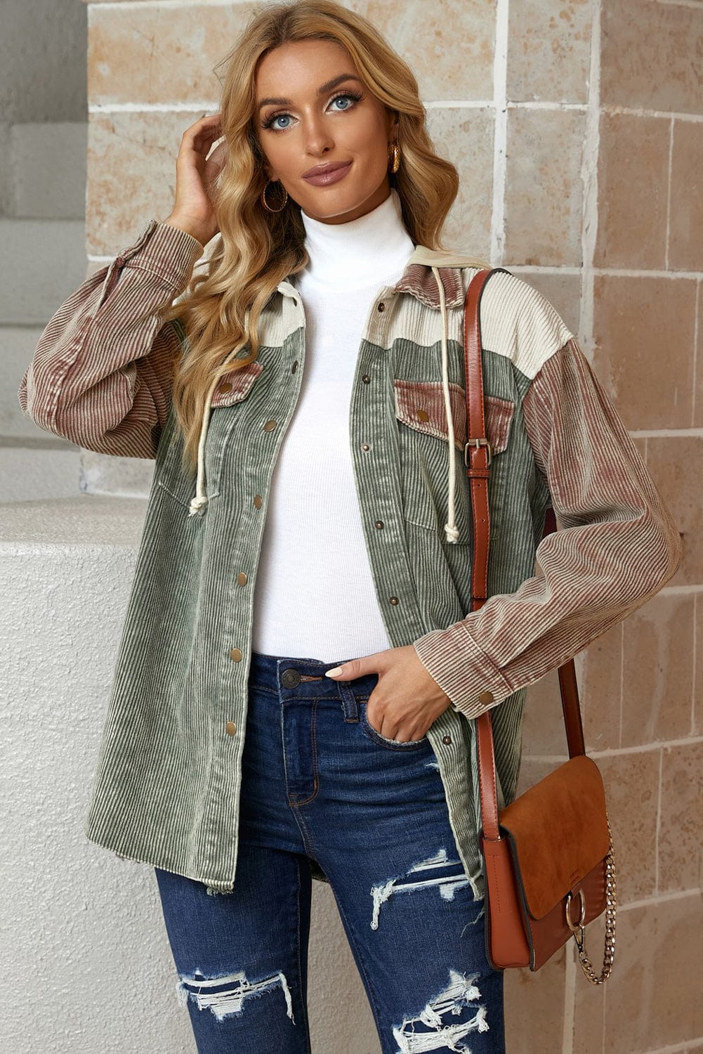 Trendsi Fall Snap Front Hooded Corduroy Shacket Snap Front Hooded Corduroy Shacket