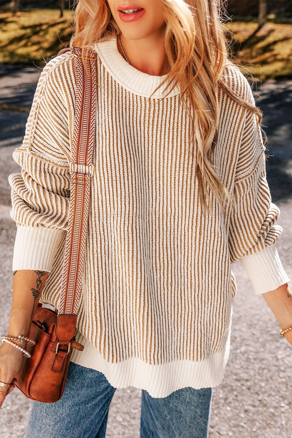 Trendsi Fall Stripe / S Round Neck Dropped Shoulder Sweater Round Neck Dropped Shoulder Sweater