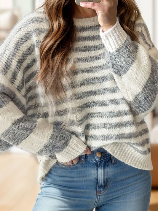 Trendsi Fall Stripe / S Striped Round Neck Dropped Shoulder Sweater Striped Round Neck Dropped Shoulder Sweater
