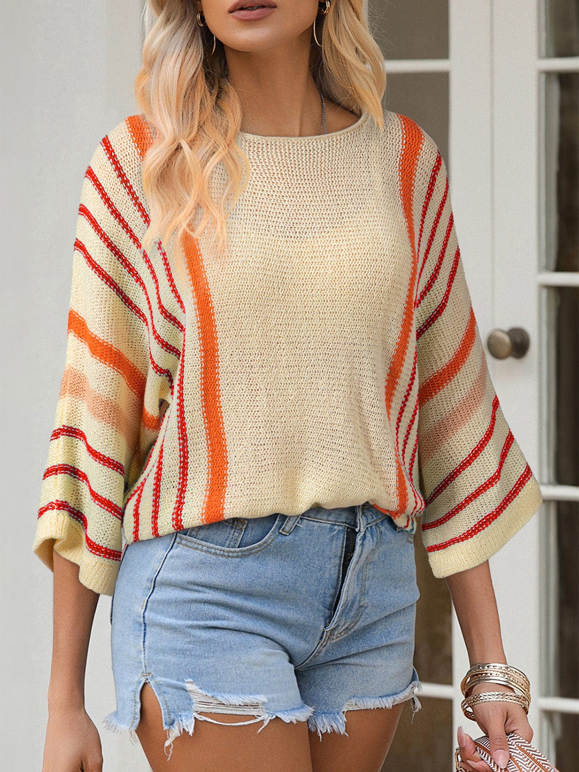 Trendsi Fall Striped Boat Neck Three-Quarter Sleeve Knit Top Striped Boat Neck Three-Quarter Sleeve Knit Top