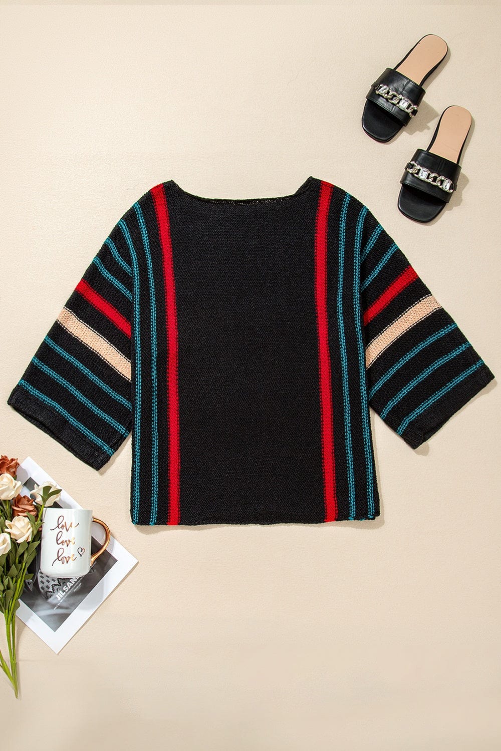Trendsi Fall Striped Boat Neck Three-Quarter Sleeve Knit Top Striped Boat Neck Three-Quarter Sleeve Knit Top