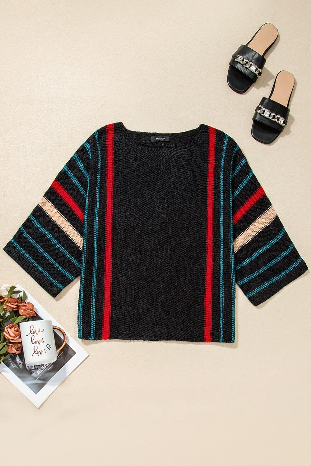 Trendsi Fall Striped Boat Neck Three-Quarter Sleeve Knit Top Striped Boat Neck Three-Quarter Sleeve Knit Top