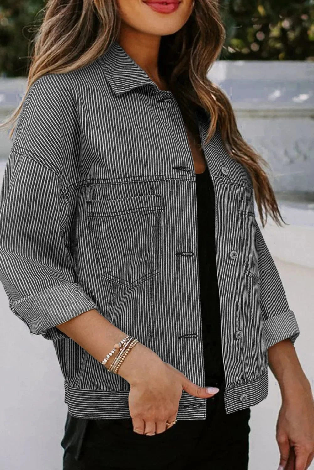 Trendsi Fall Striped Button Up Long Sleeve Denim Jacket Striped Button Up Long Sleeve Denim Jacket