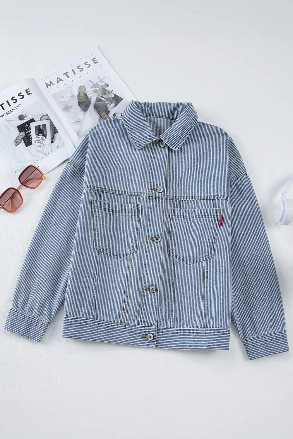 Trendsi Fall Striped Button Up Long Sleeve Denim Jacket Striped Button Up Long Sleeve Denim Jacket