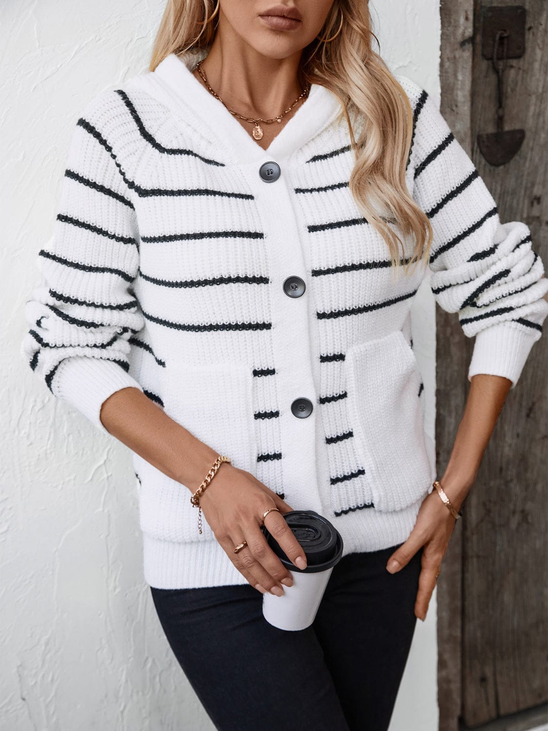 Trendsi Fall Striped Button Up Long Sleeve Hooded Cardigan Striped Button Up Long Sleeve Hooded Cardigan