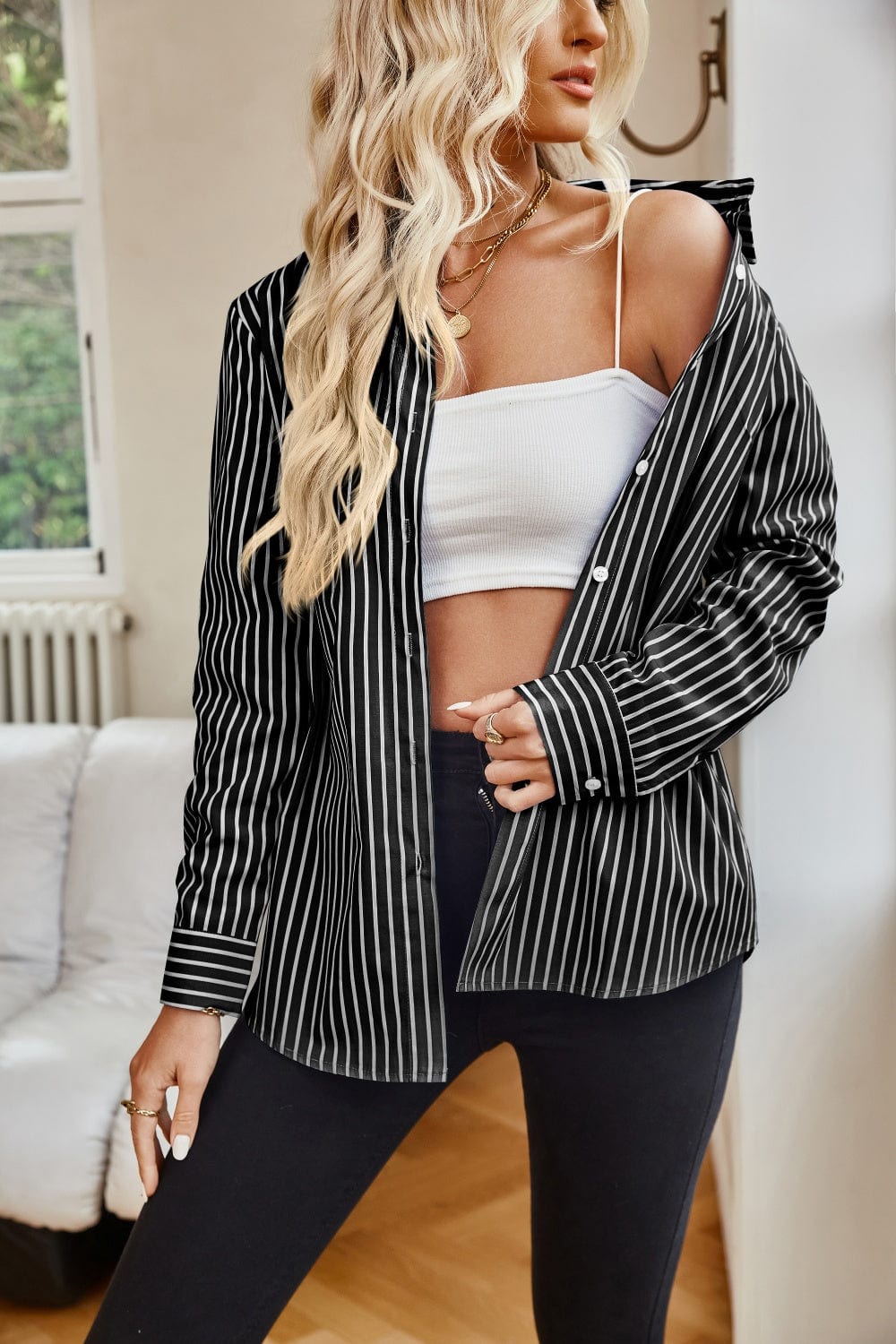 Trendsi Fall Striped Button Up Long Sleeve Shirt Striped Button Up Long Sleeve Shirt