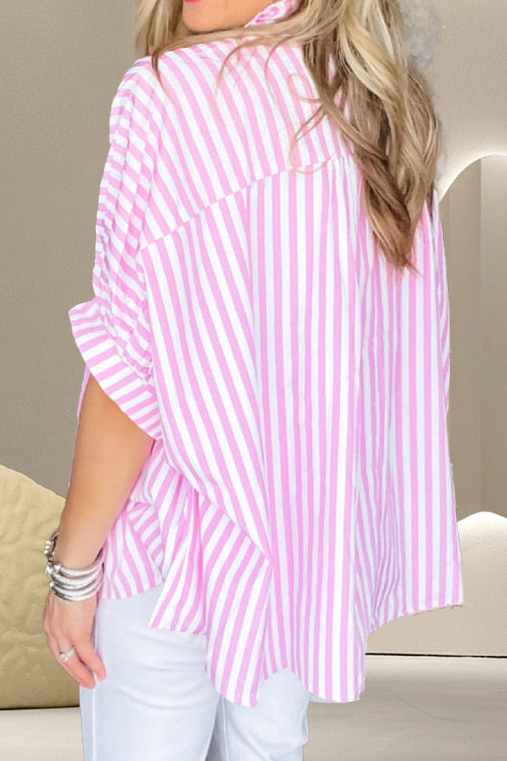 Trendsi Fall Striped Collared Neck Half Sleeve Shirt Striped Collared Neck Half Sleeve Shirt