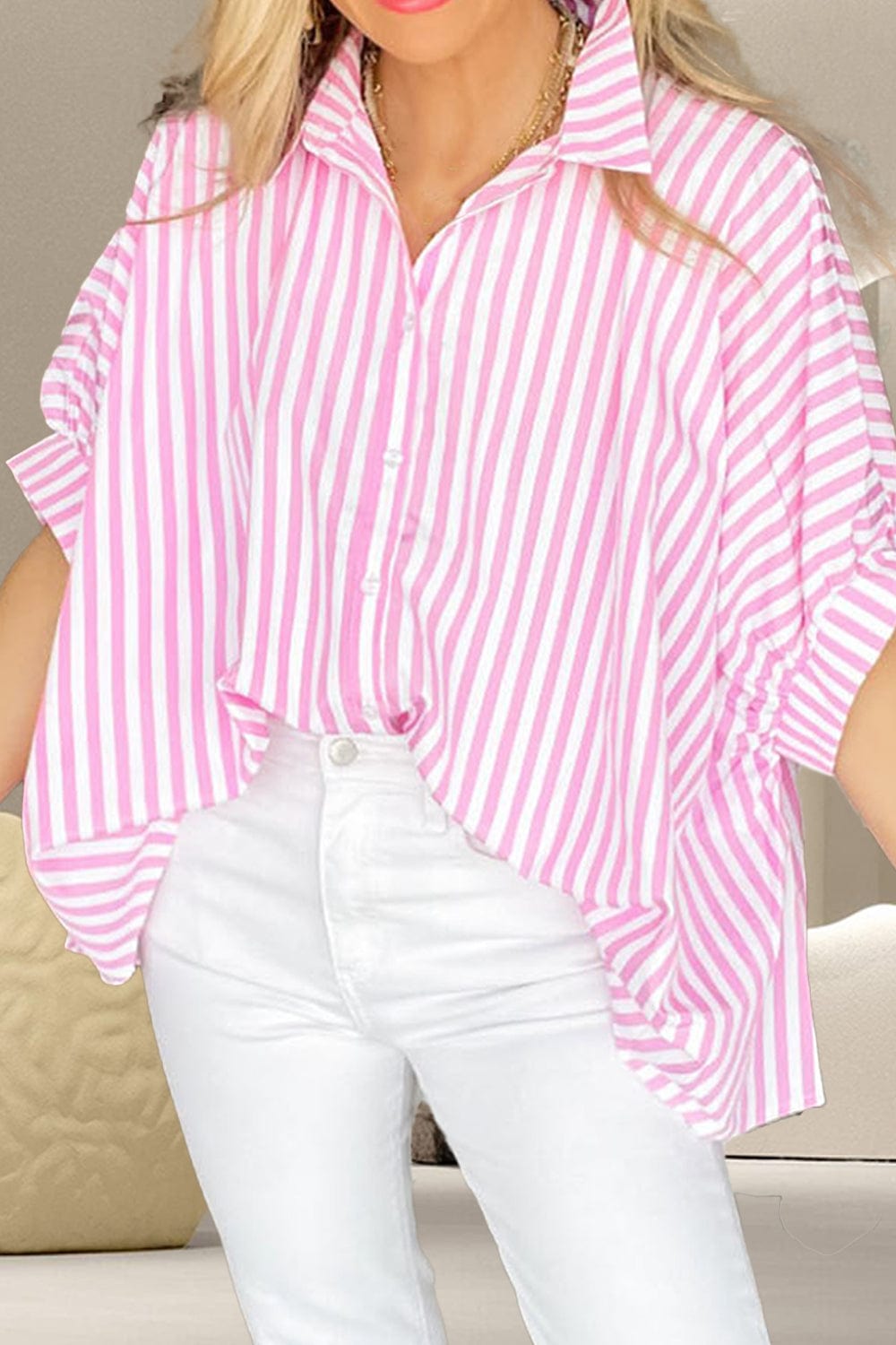 Trendsi Fall Striped Collared Neck Half Sleeve Shirt Striped Collared Neck Half Sleeve Shirt