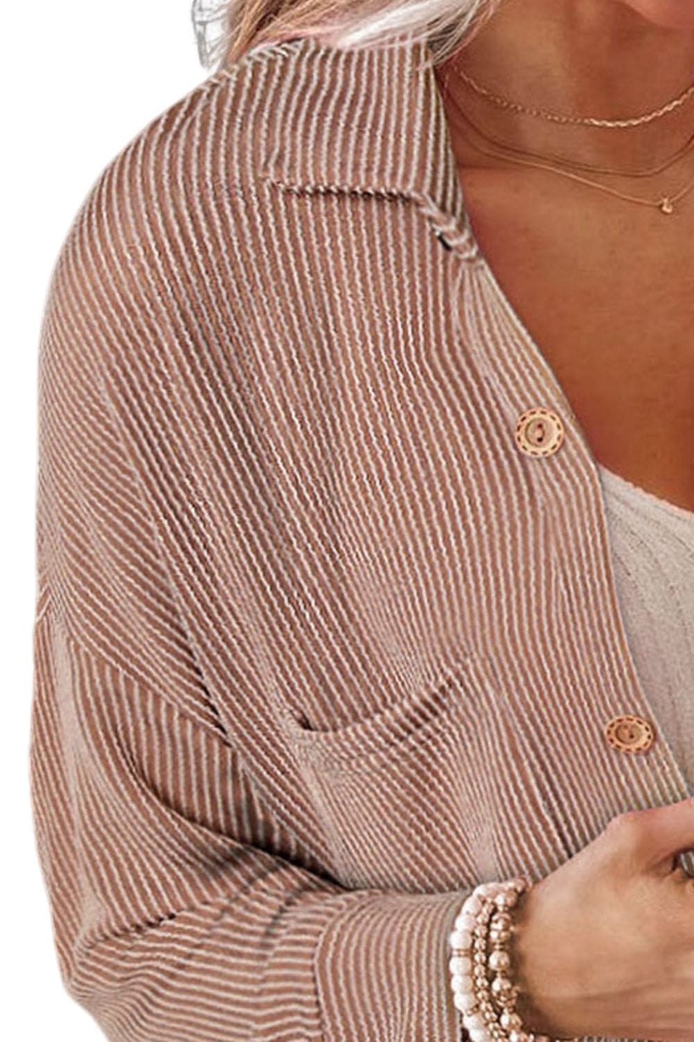 Trendsi Fall Striped Collared Neck Long Sleeve Shirt Striped Collared Neck Long Sleeve Shirt