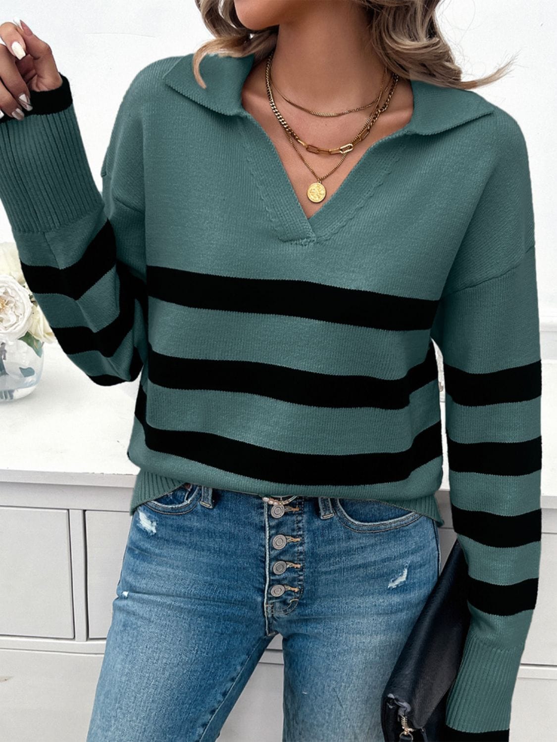 Trendsi Fall Striped Collared Neck Long Sleeve Sweater Striped Collared Neck Long Sleeve Sweater