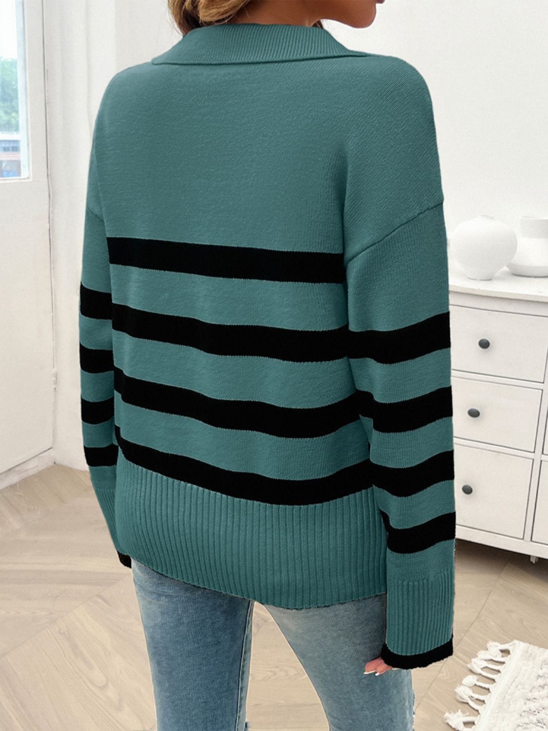 Trendsi Fall Striped Collared Neck Long Sleeve Sweater Striped Collared Neck Long Sleeve Sweater