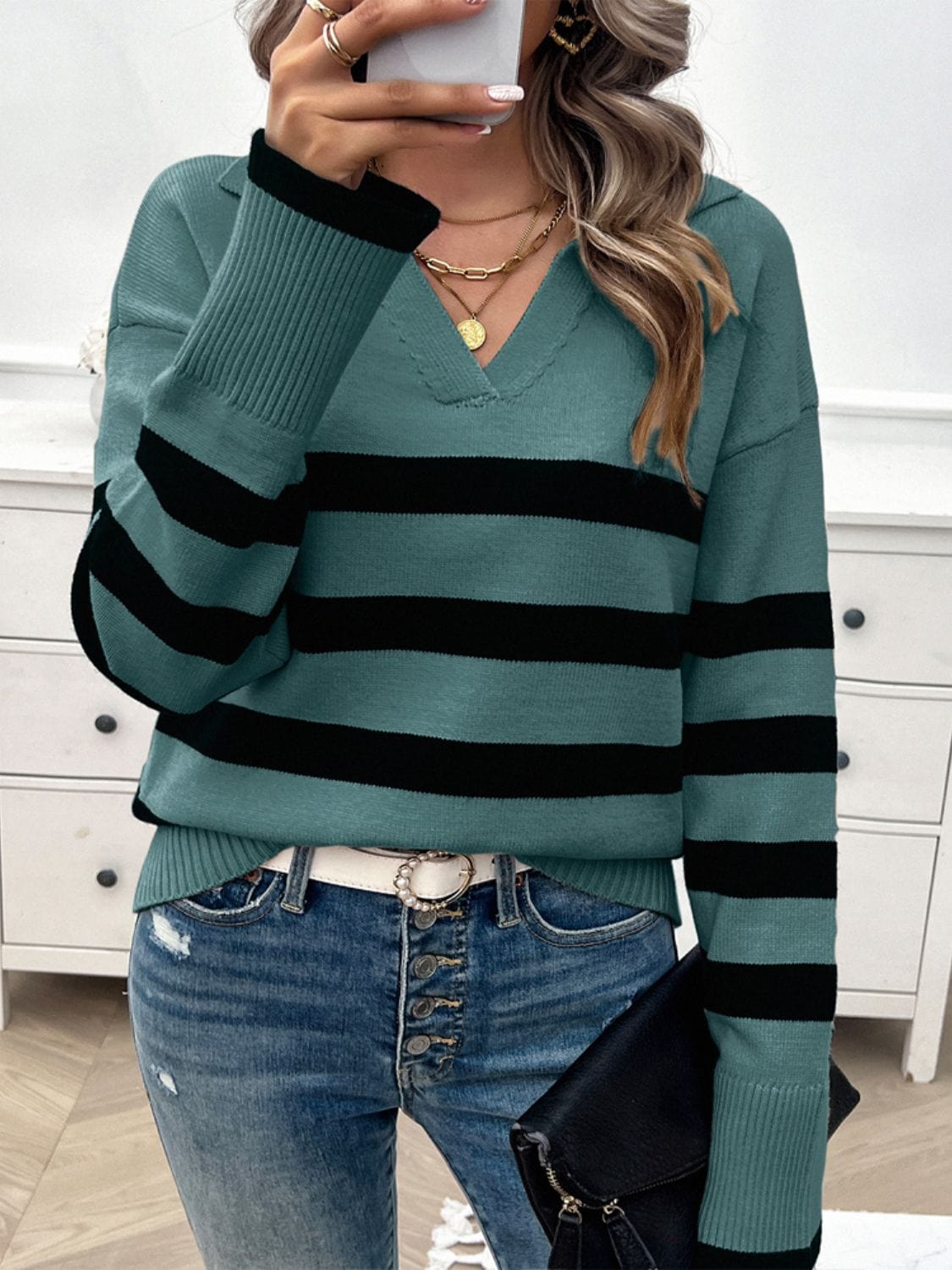 Trendsi Fall Striped Collared Neck Long Sleeve Sweater Striped Collared Neck Long Sleeve Sweater