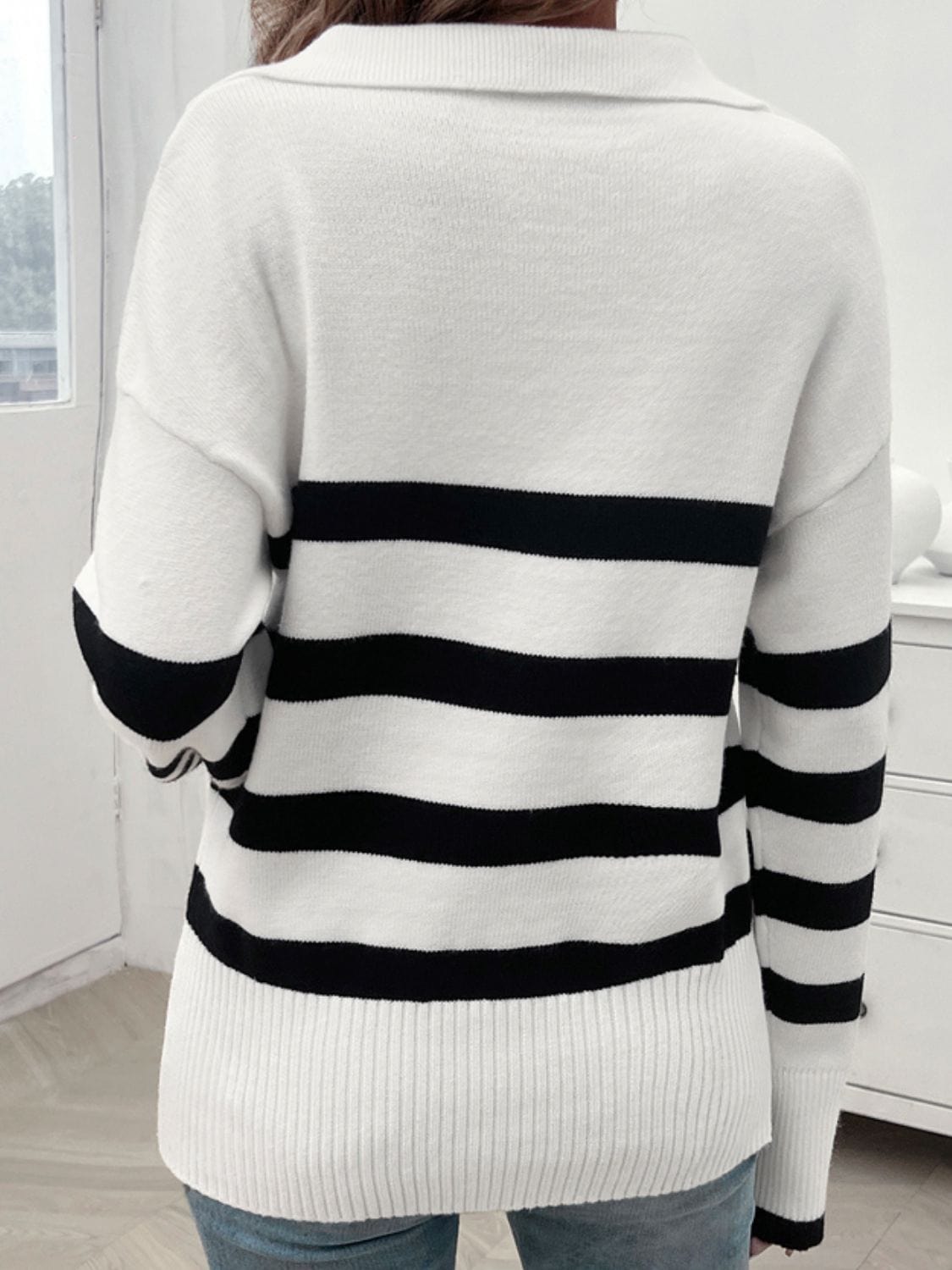 Trendsi Fall Striped Collared Neck Long Sleeve Sweater Striped Collared Neck Long Sleeve Sweater