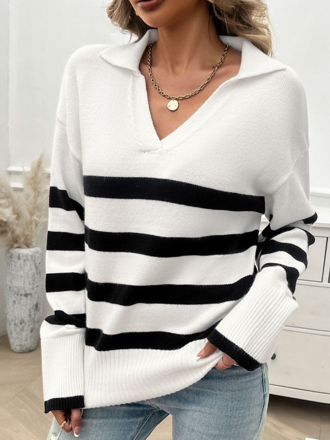 Trendsi Fall Striped Collared Neck Long Sleeve Sweater Striped Collared Neck Long Sleeve Sweater