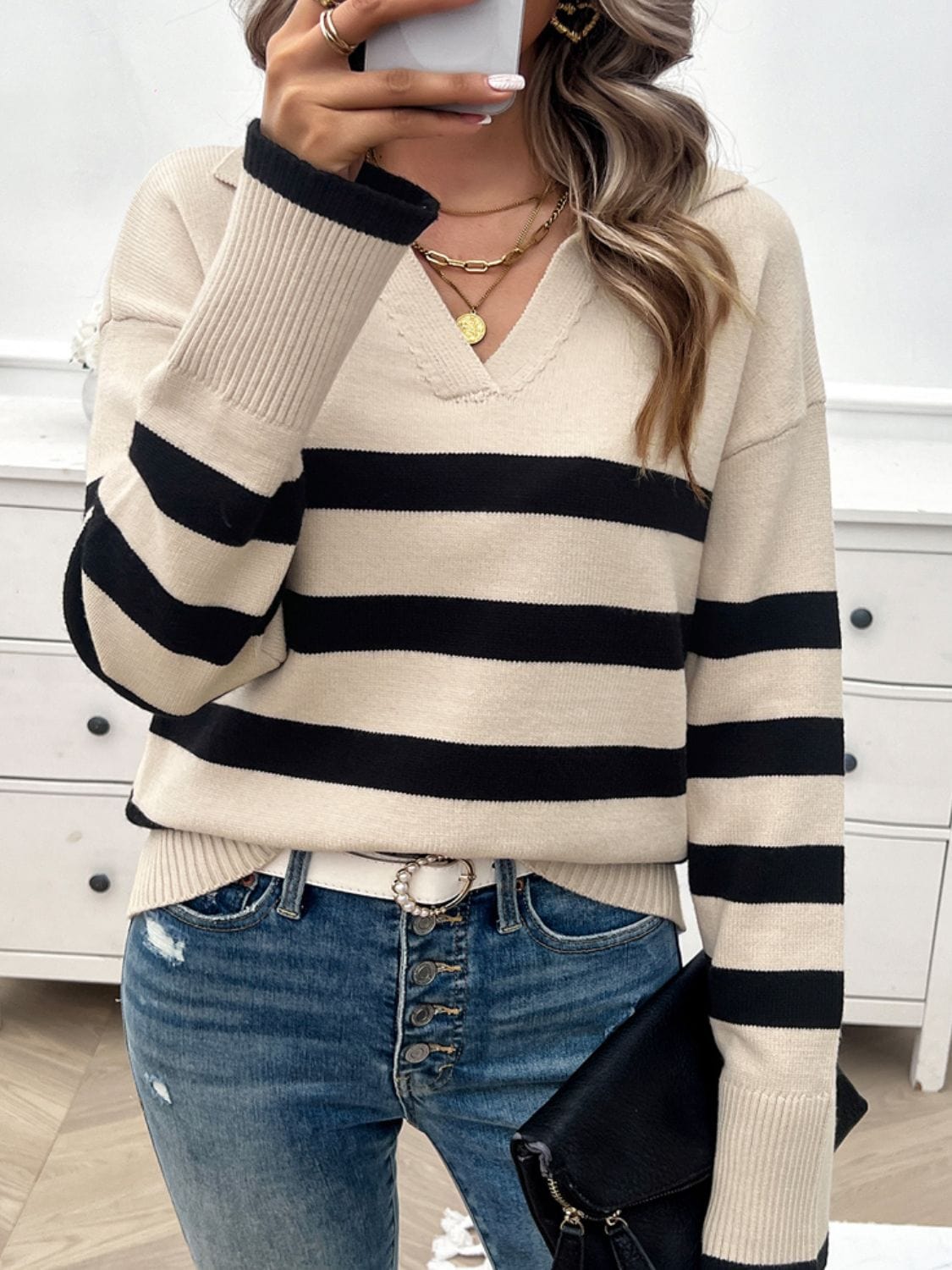 Trendsi Fall Striped Collared Neck Long Sleeve Sweater Striped Collared Neck Long Sleeve Sweater