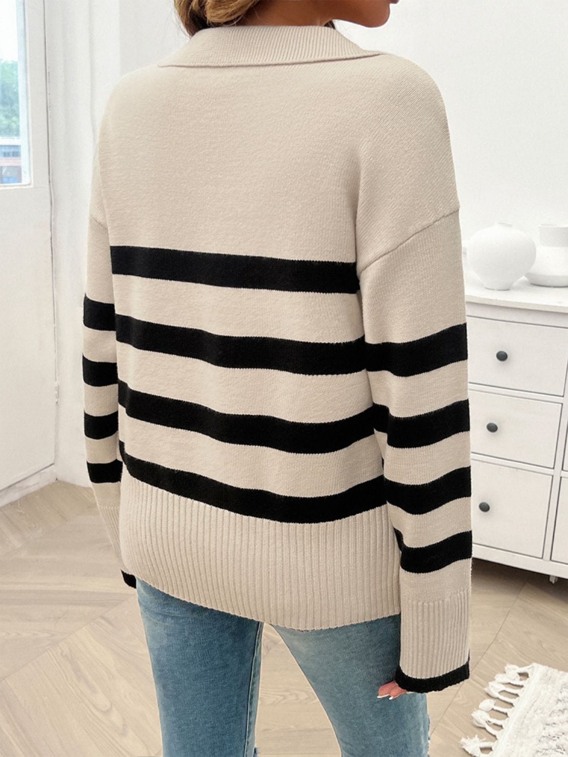 Trendsi Fall Striped Collared Neck Long Sleeve Sweater Striped Collared Neck Long Sleeve Sweater