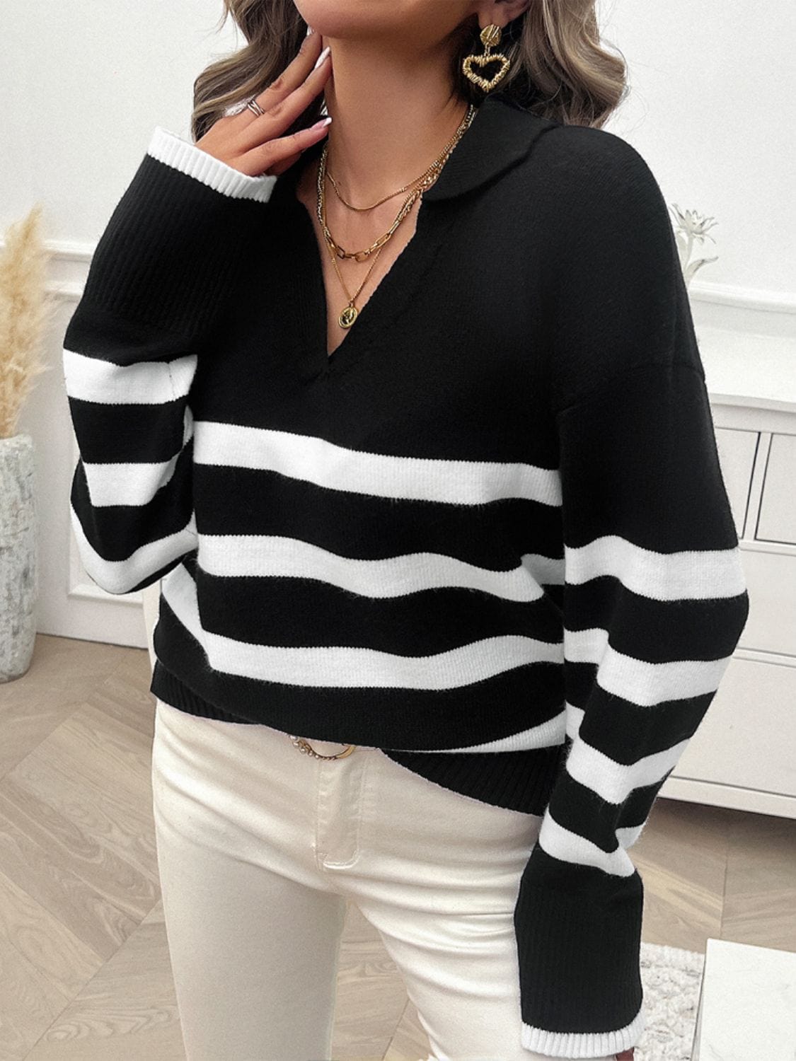 Trendsi Fall Striped Collared Neck Long Sleeve Sweater Striped Collared Neck Long Sleeve Sweater