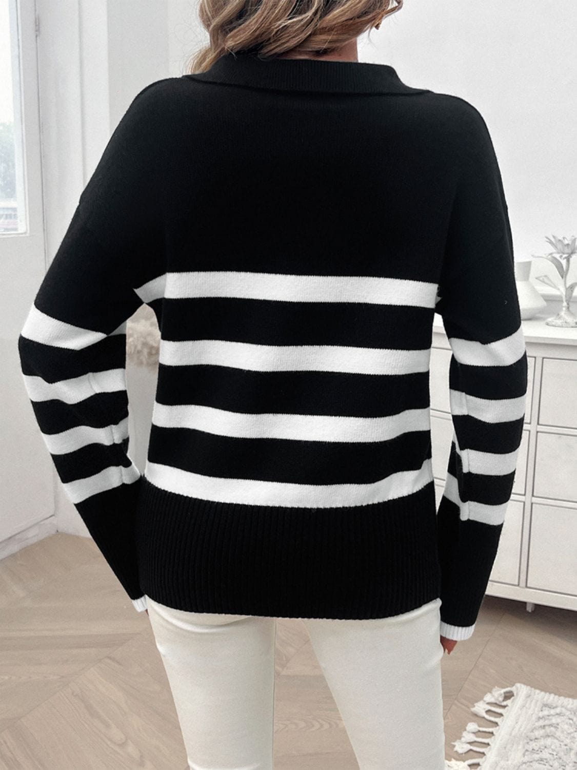 Trendsi Fall Striped Collared Neck Long Sleeve Sweater Striped Collared Neck Long Sleeve Sweater