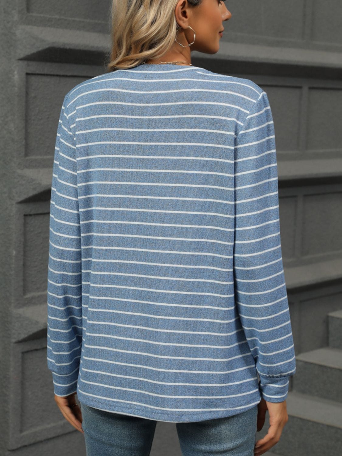 Trendsi Fall Striped Notched Long Sleeve T-Shirt Striped Notched Long Sleeve T-Shirt