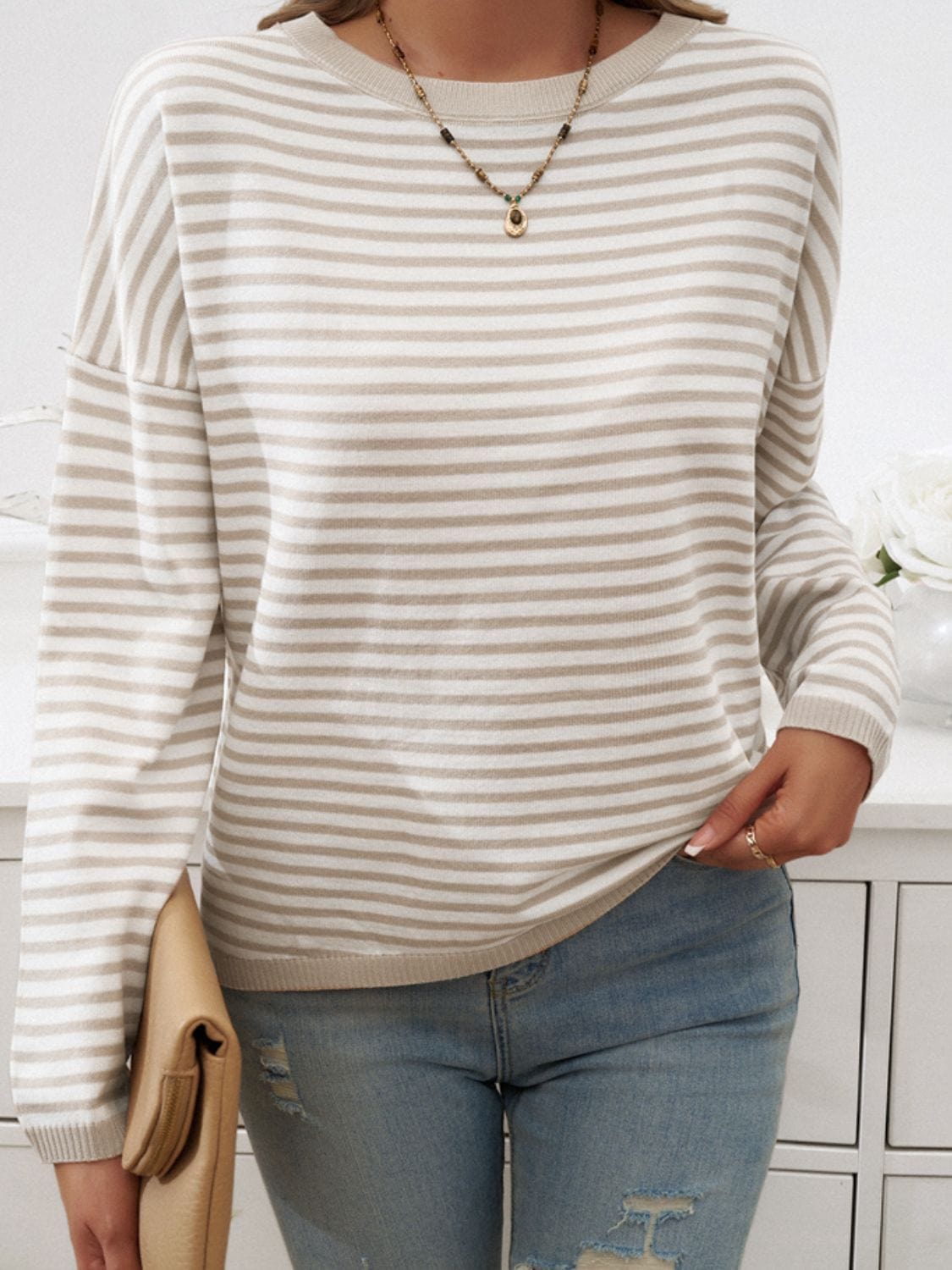 Trendsi Fall Striped Round Neck Dropped Shoulder Sweater Striped Round Neck Dropped Shoulder Sweater