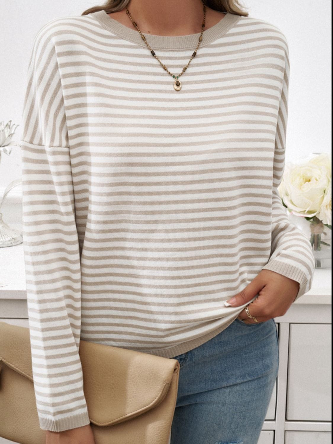 Trendsi Fall Striped Round Neck Dropped Shoulder Sweater Striped Round Neck Dropped Shoulder Sweater