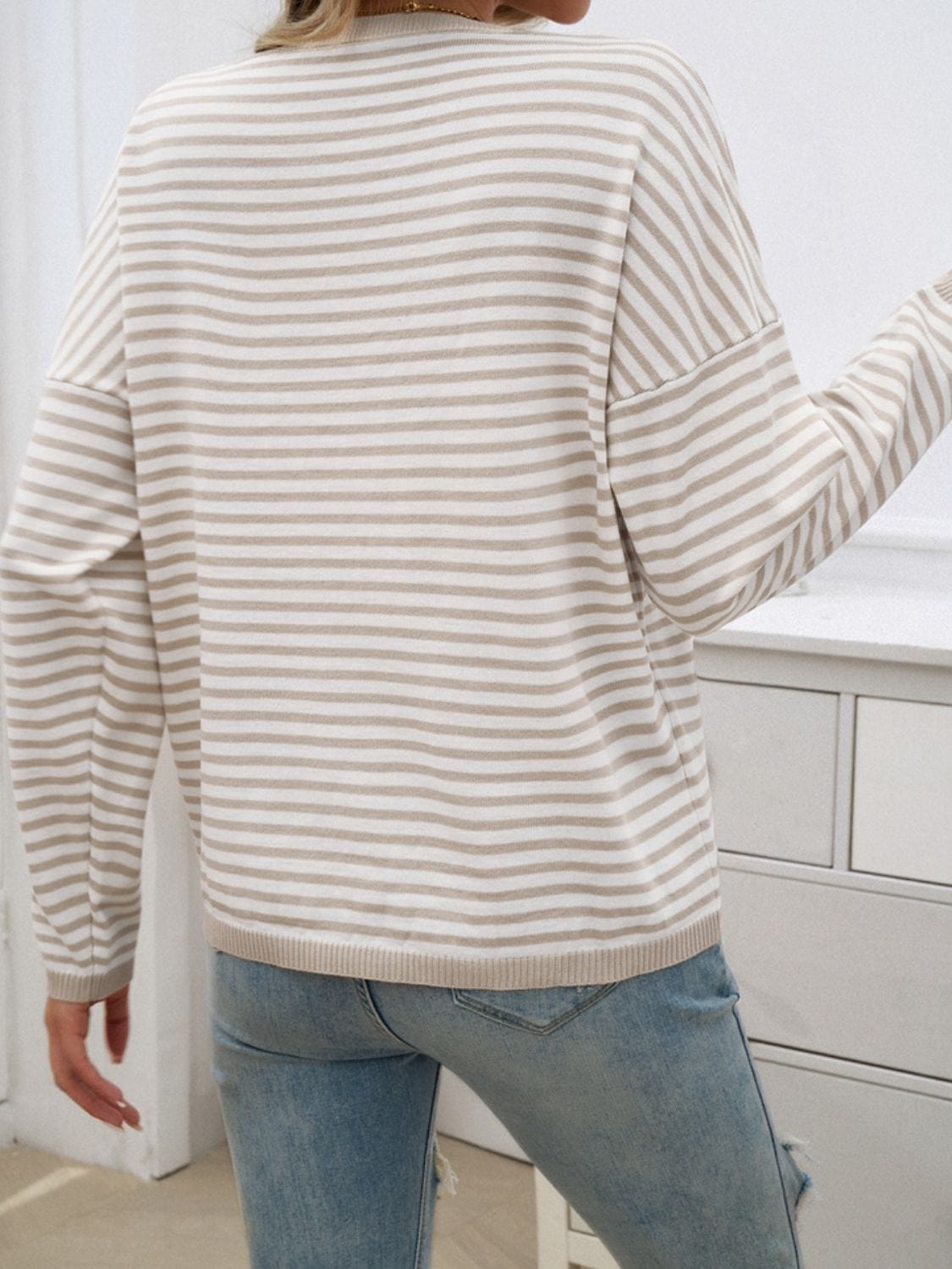 Trendsi Fall Striped Round Neck Dropped Shoulder Sweater Striped Round Neck Dropped Shoulder Sweater