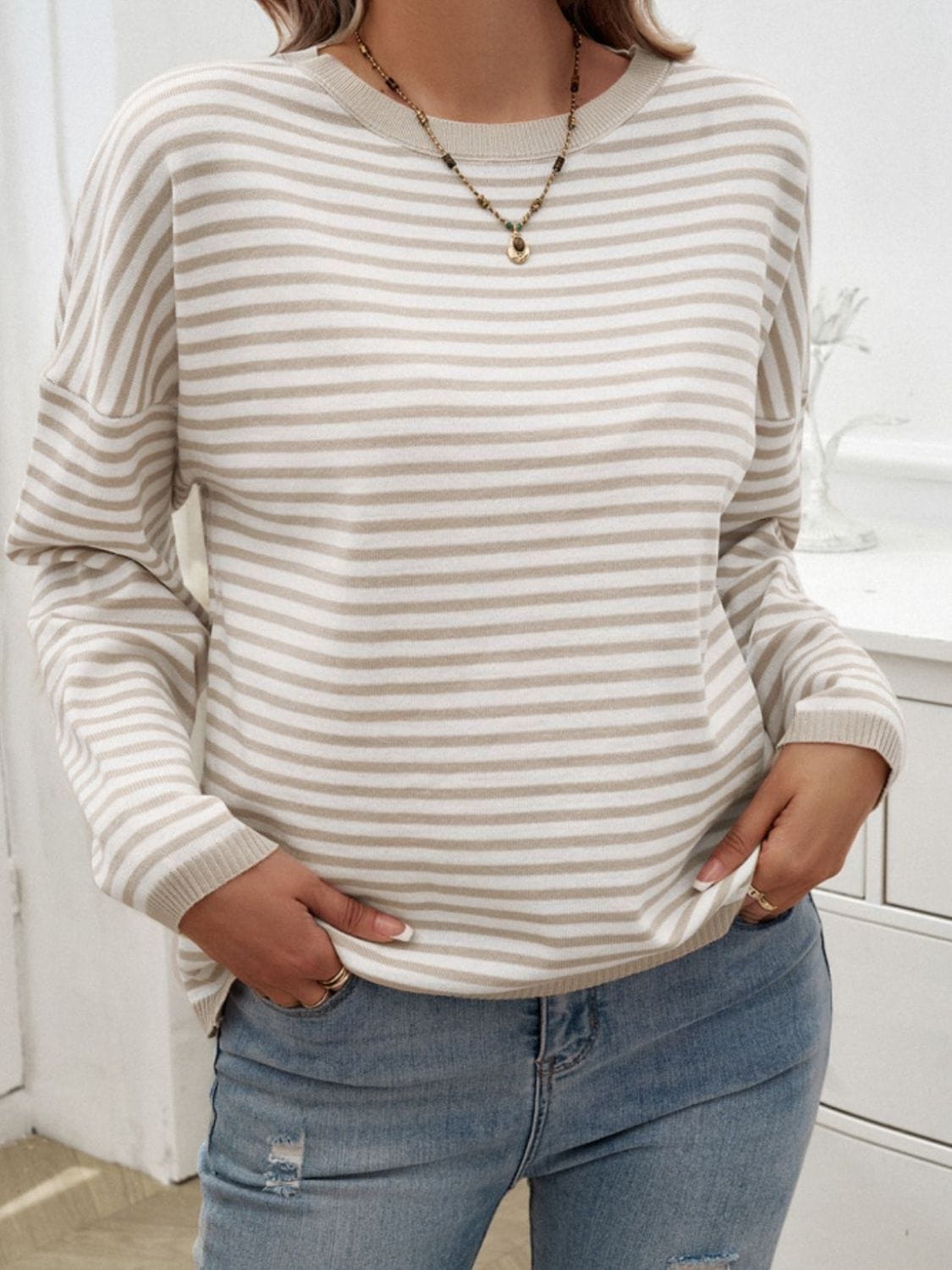 Trendsi Fall Striped Round Neck Dropped Shoulder Sweater Striped Round Neck Dropped Shoulder Sweater