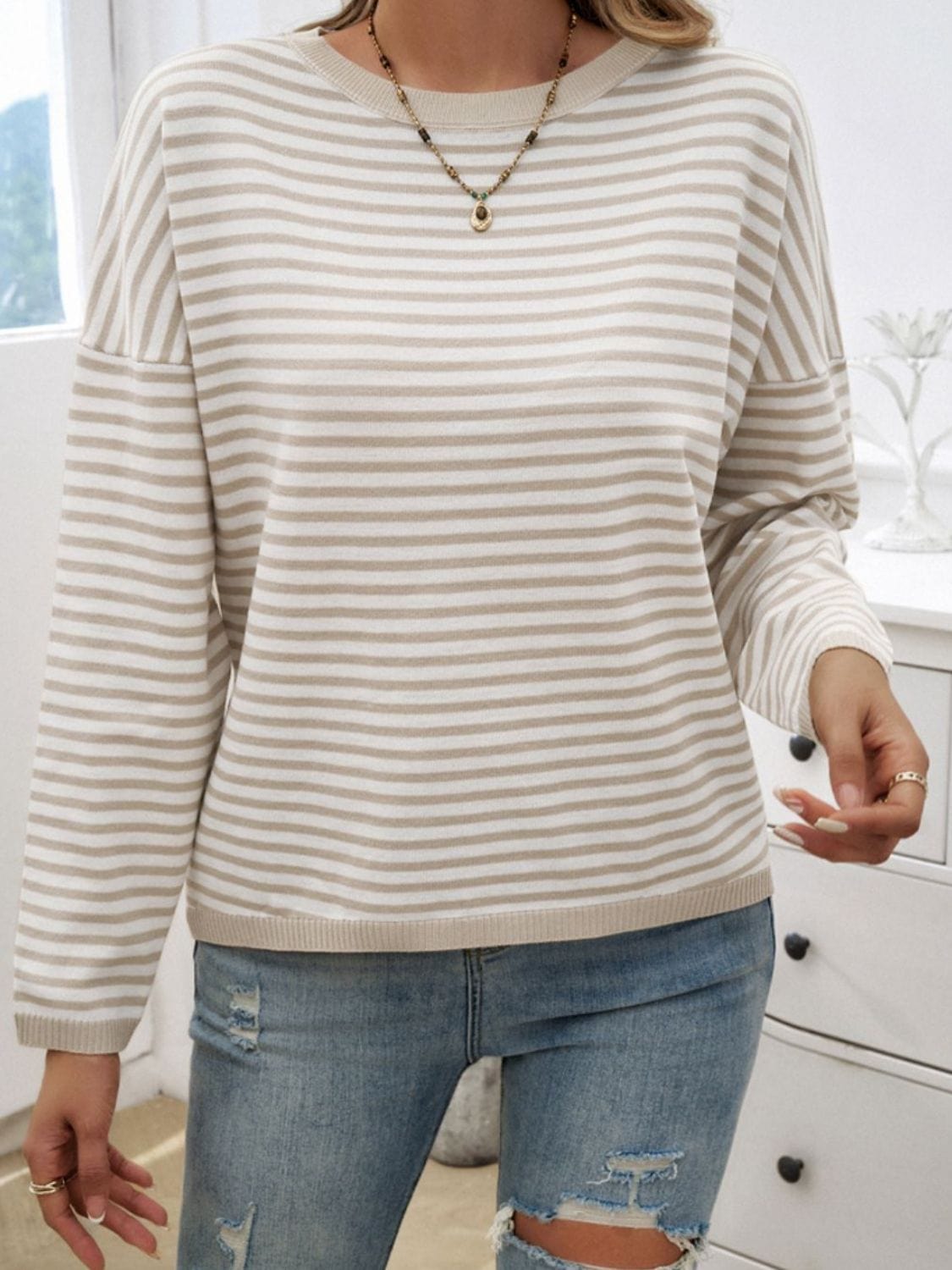 Trendsi Fall Striped Round Neck Dropped Shoulder Sweater Striped Round Neck Dropped Shoulder Sweater