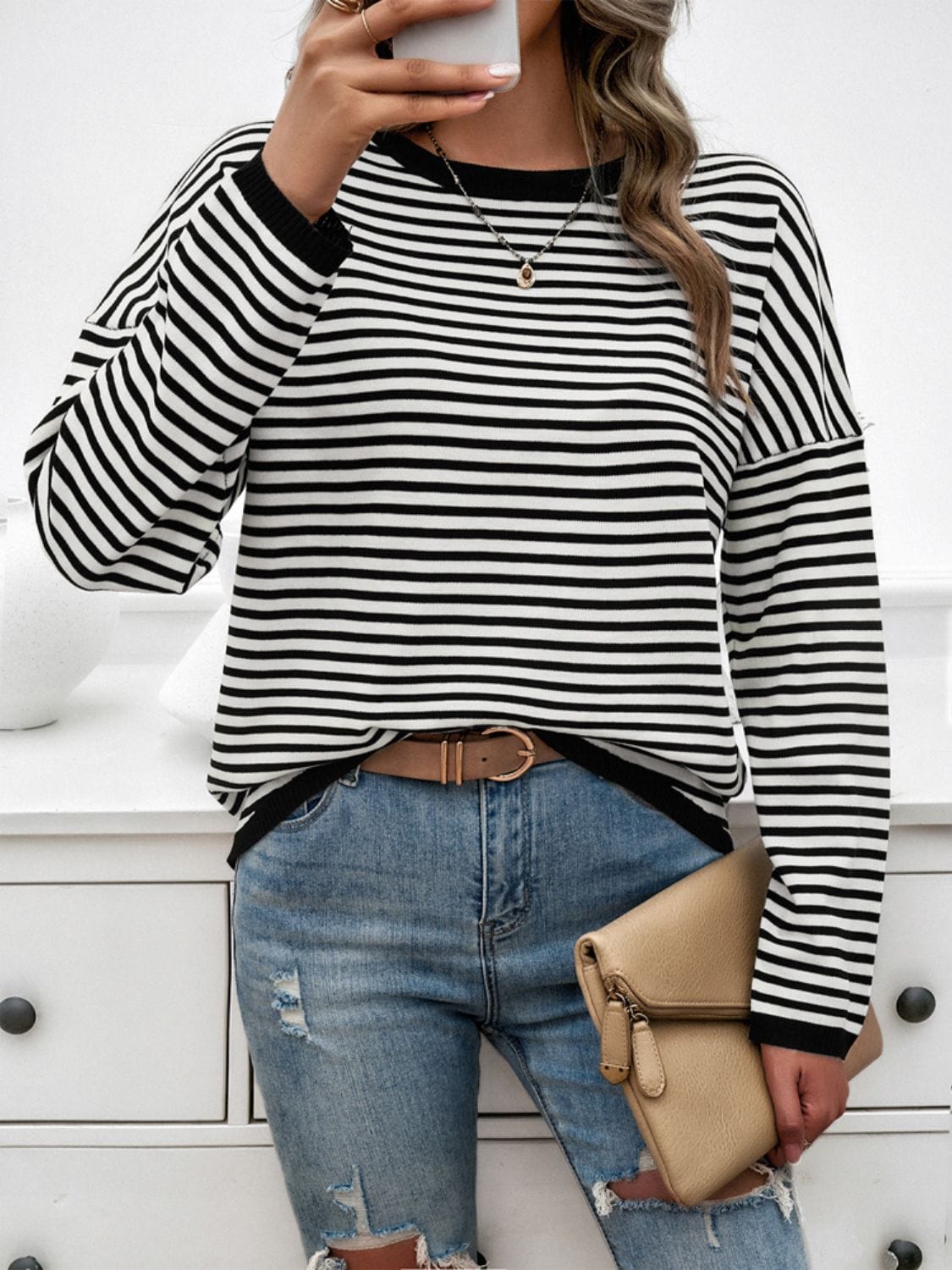 Trendsi Fall Striped Round Neck Dropped Shoulder Sweater Striped Round Neck Dropped Shoulder Sweater
