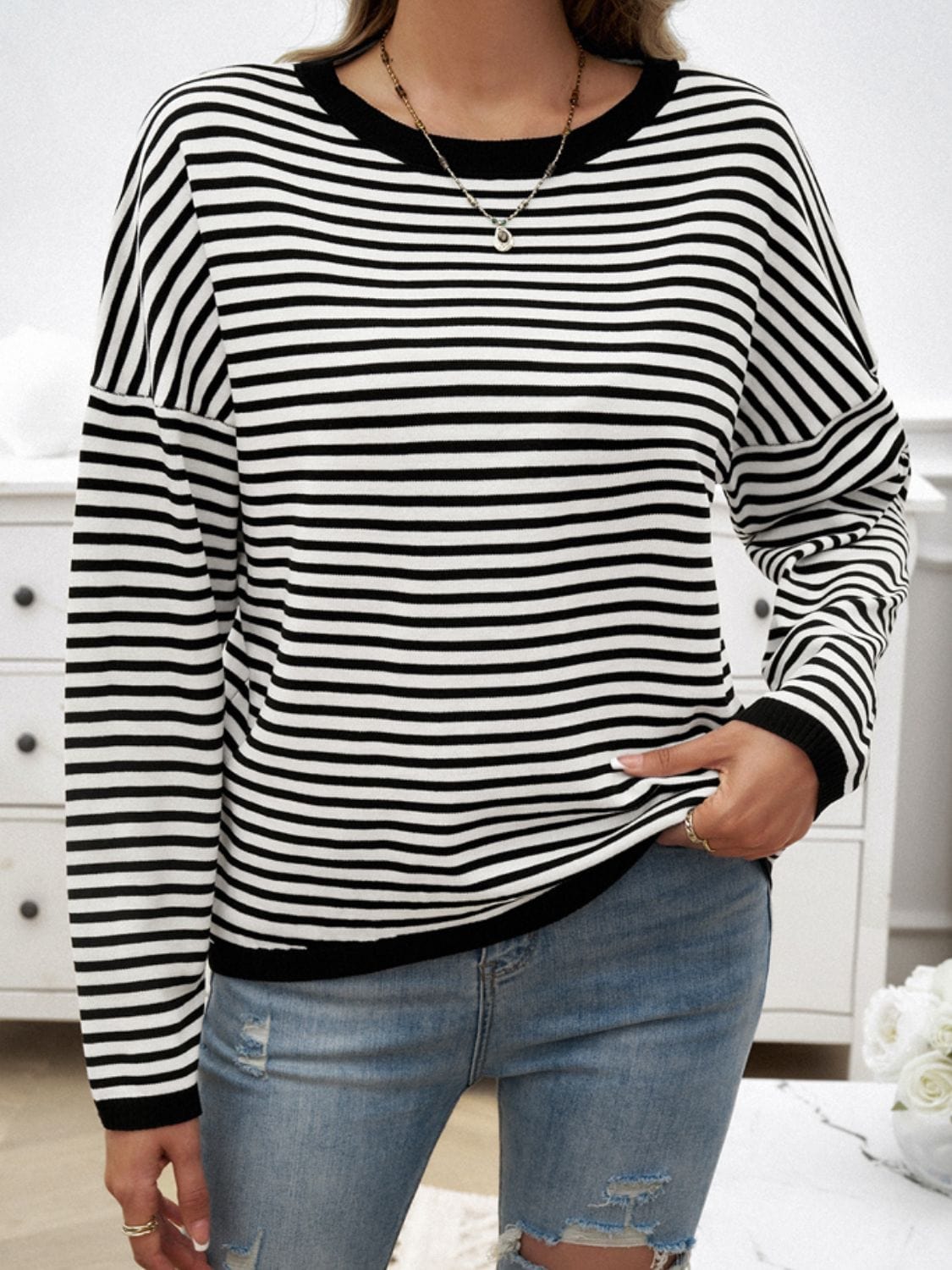 Trendsi Fall Striped Round Neck Dropped Shoulder Sweater Striped Round Neck Dropped Shoulder Sweater