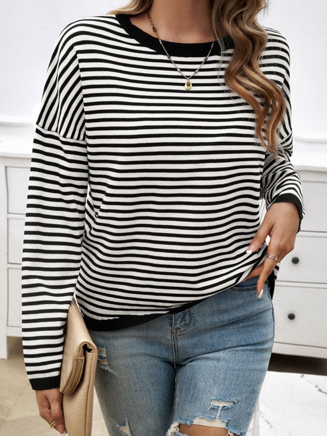 Trendsi Fall Striped Round Neck Dropped Shoulder Sweater Striped Round Neck Dropped Shoulder Sweater