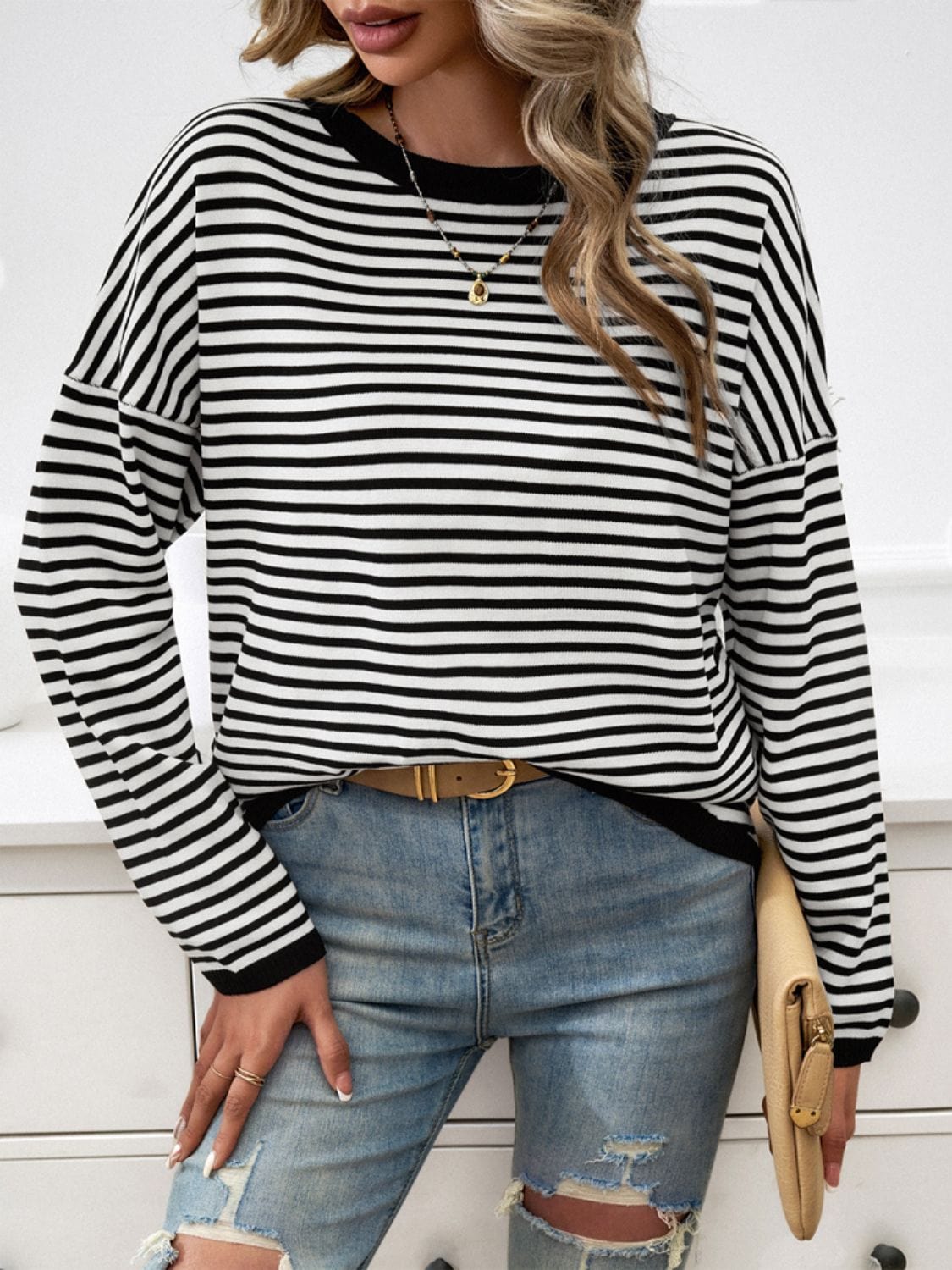 Trendsi Fall Striped Round Neck Dropped Shoulder Sweater Striped Round Neck Dropped Shoulder Sweater