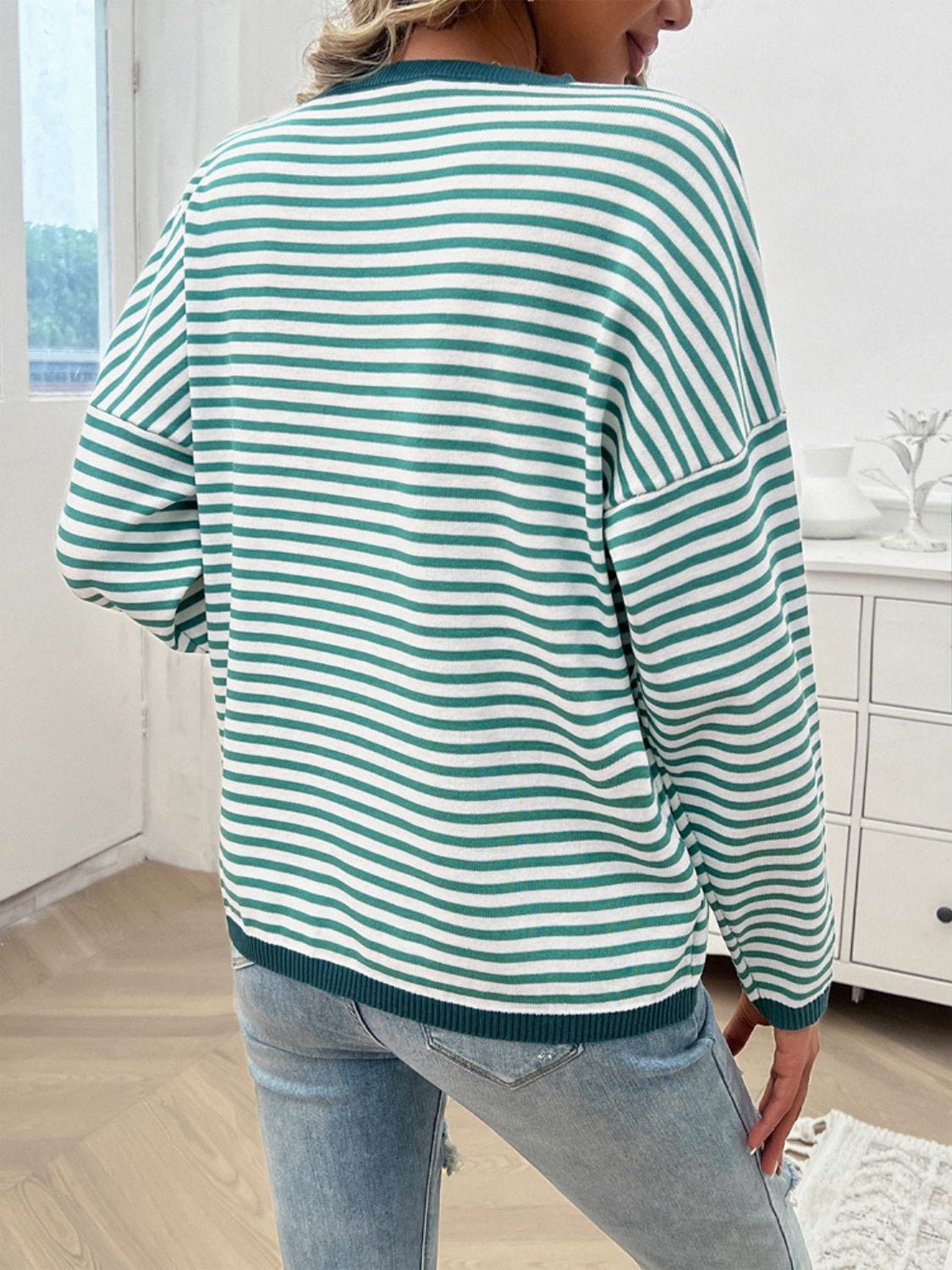 Trendsi Fall Striped Round Neck Dropped Shoulder Sweater Striped Round Neck Dropped Shoulder Sweater