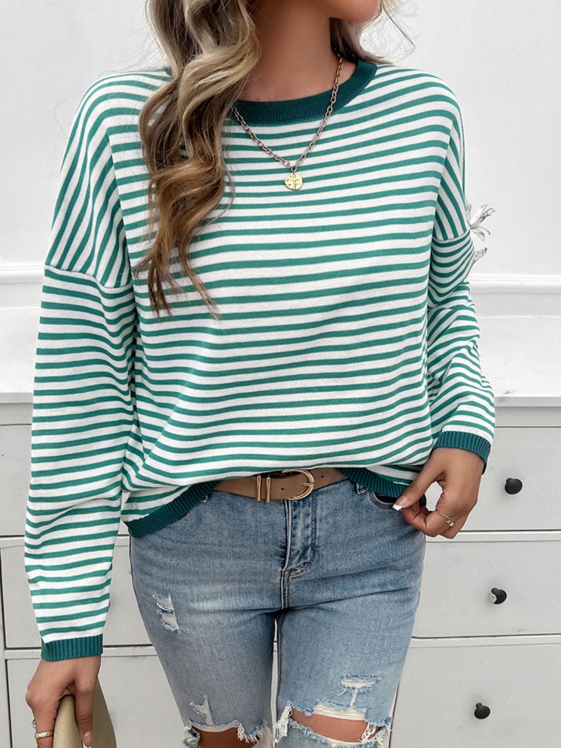 Trendsi Fall Striped Round Neck Dropped Shoulder Sweater Striped Round Neck Dropped Shoulder Sweater