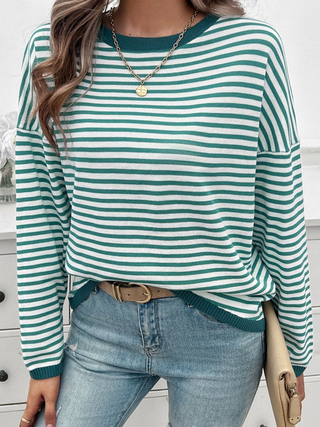 Trendsi Fall Striped Round Neck Dropped Shoulder Sweater Striped Round Neck Dropped Shoulder Sweater