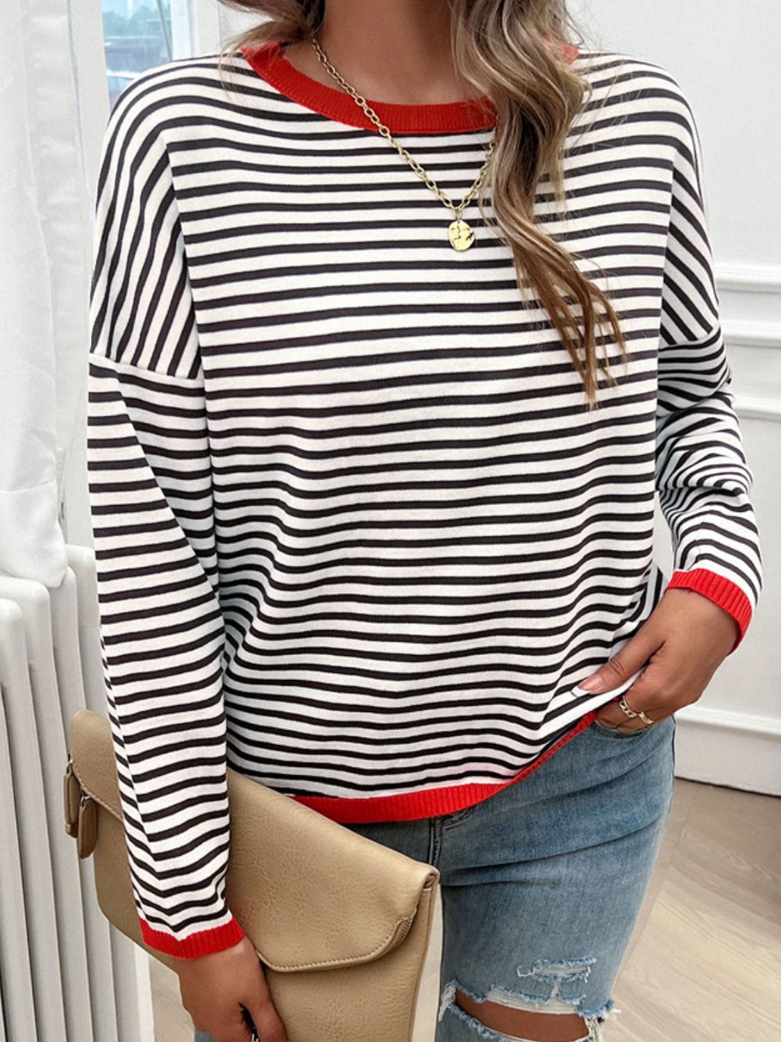 Trendsi Fall Striped Round Neck Dropped Shoulder Sweater Striped Round Neck Dropped Shoulder Sweater