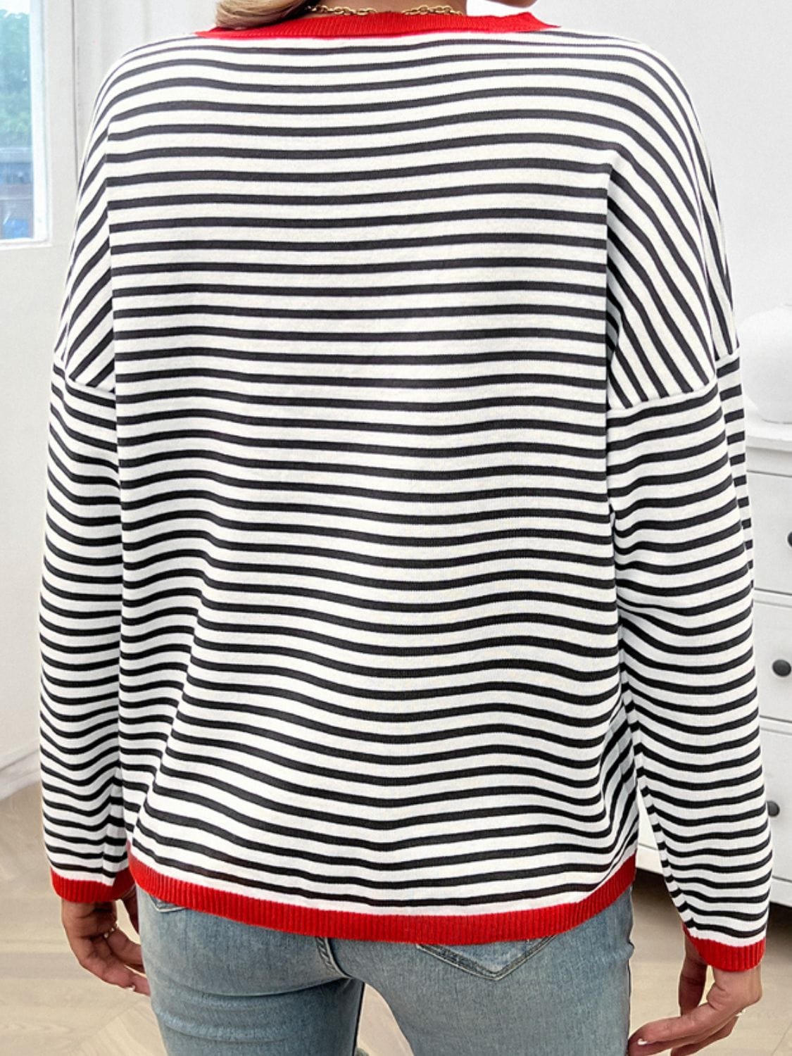 Trendsi Fall Striped Round Neck Dropped Shoulder Sweater Striped Round Neck Dropped Shoulder Sweater