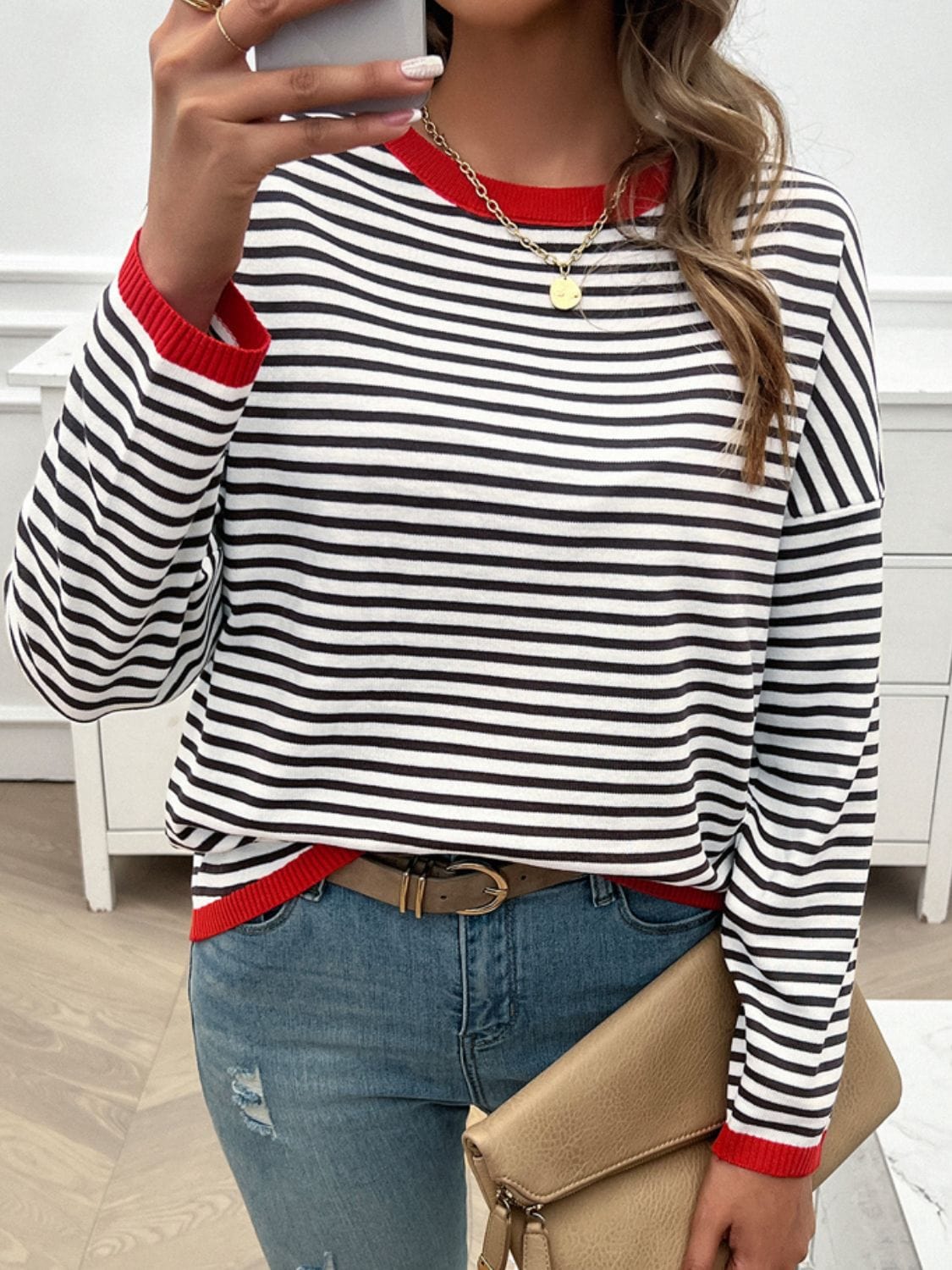 Trendsi Fall Striped Round Neck Dropped Shoulder Sweater Striped Round Neck Dropped Shoulder Sweater