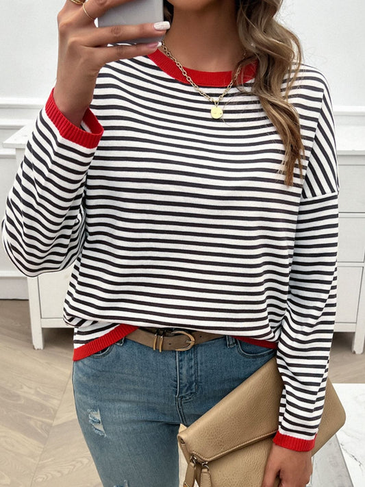 Trendsi Fall Striped Round Neck Dropped Shoulder Sweater Striped Round Neck Dropped Shoulder Sweater