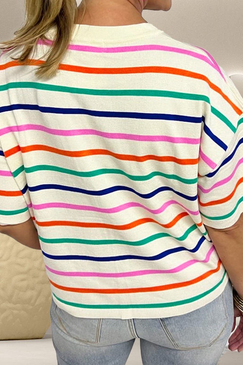 Trendsi Fall Striped Round Neck Half Sleeve Knit Top Striped Round Neck Half Sleeve Knit Top