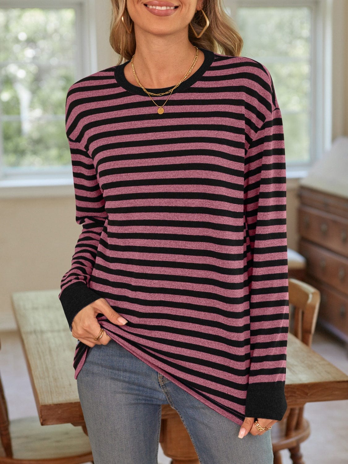 Trendsi Fall Striped Round Neck Long Sleeve T-Shirt Striped Round Neck Long Sleeve T-Shirt