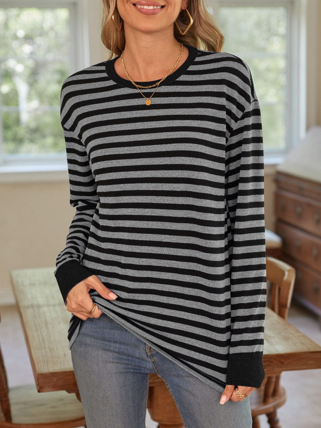 Trendsi Fall Striped Round Neck Long Sleeve T-Shirt Striped Round Neck Long Sleeve T-Shirt