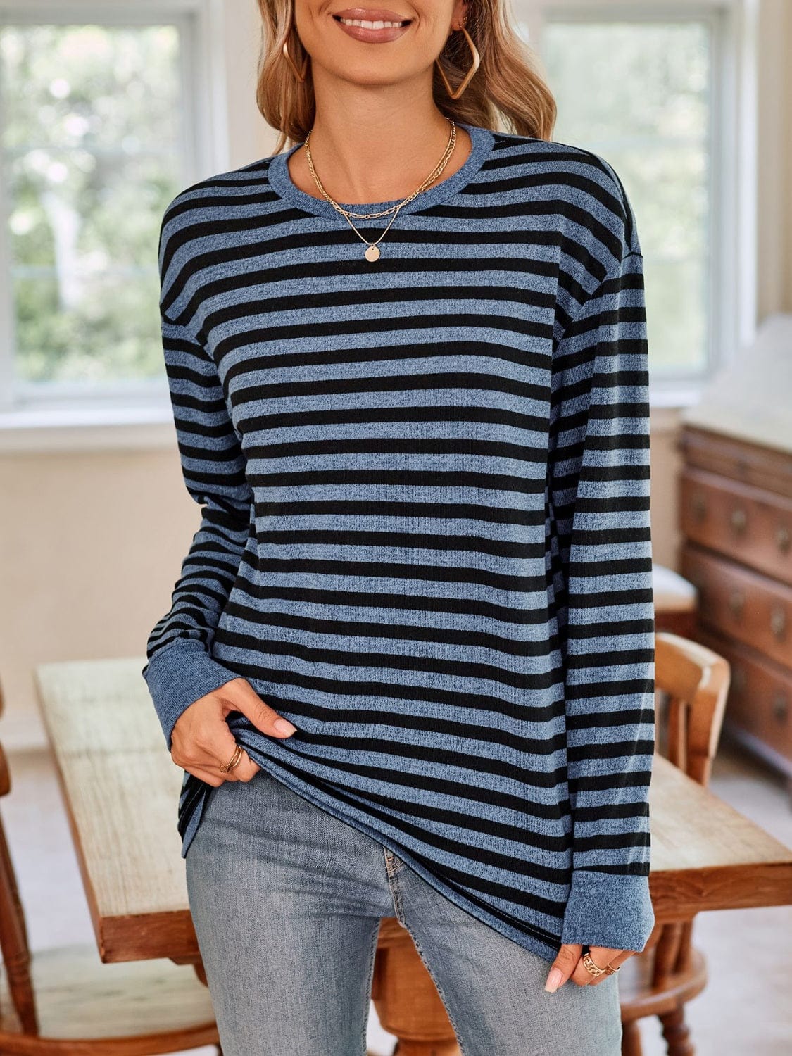 Trendsi Fall Striped Round Neck Long Sleeve T-Shirt Striped Round Neck Long Sleeve T-Shirt