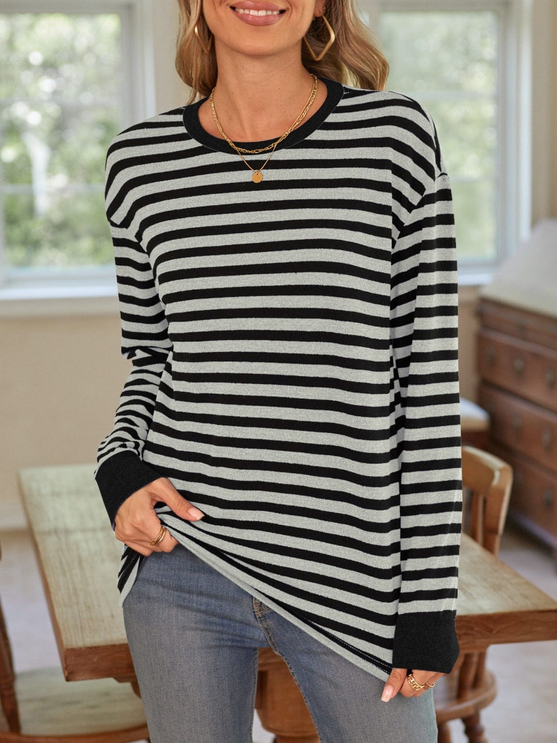 Trendsi Fall Striped Round Neck Long Sleeve T-Shirt Striped Round Neck Long Sleeve T-Shirt