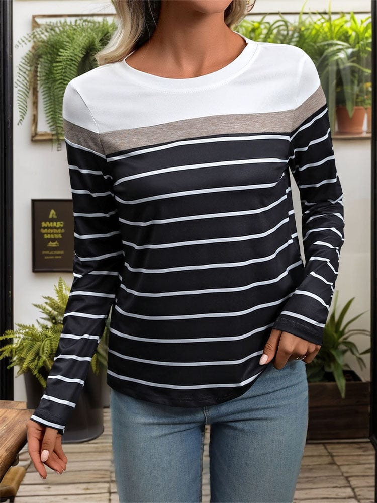 Trendsi Fall Striped Round Neck Long Sleeve T-Shirt Striped Round Neck Long Sleeve T-Shirt